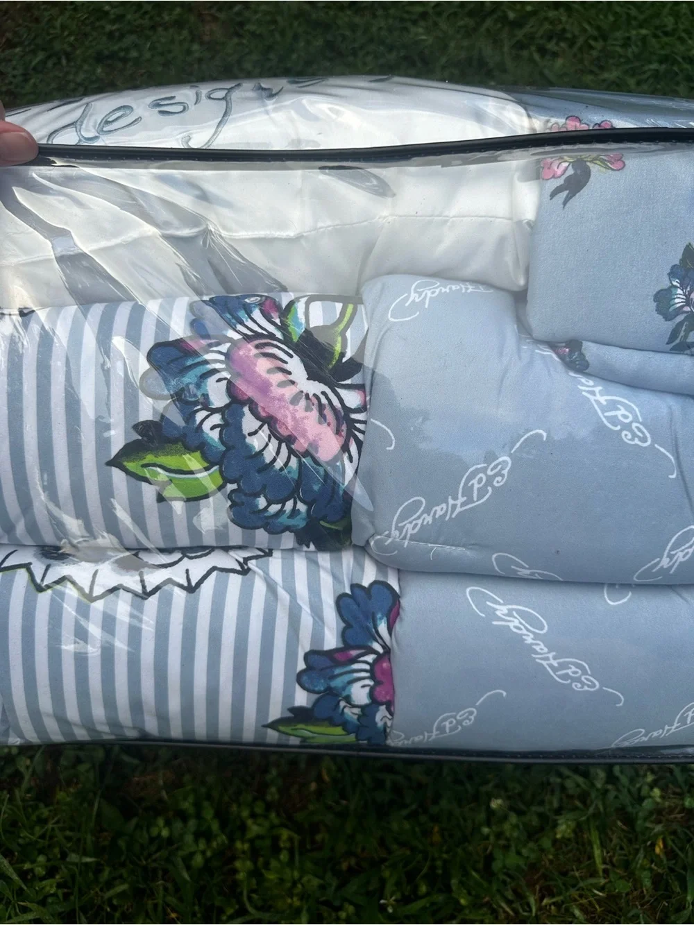 Ed Hardy 8 Piece King Reversible Bedding Set NIP Blue Floral Striped Comforter